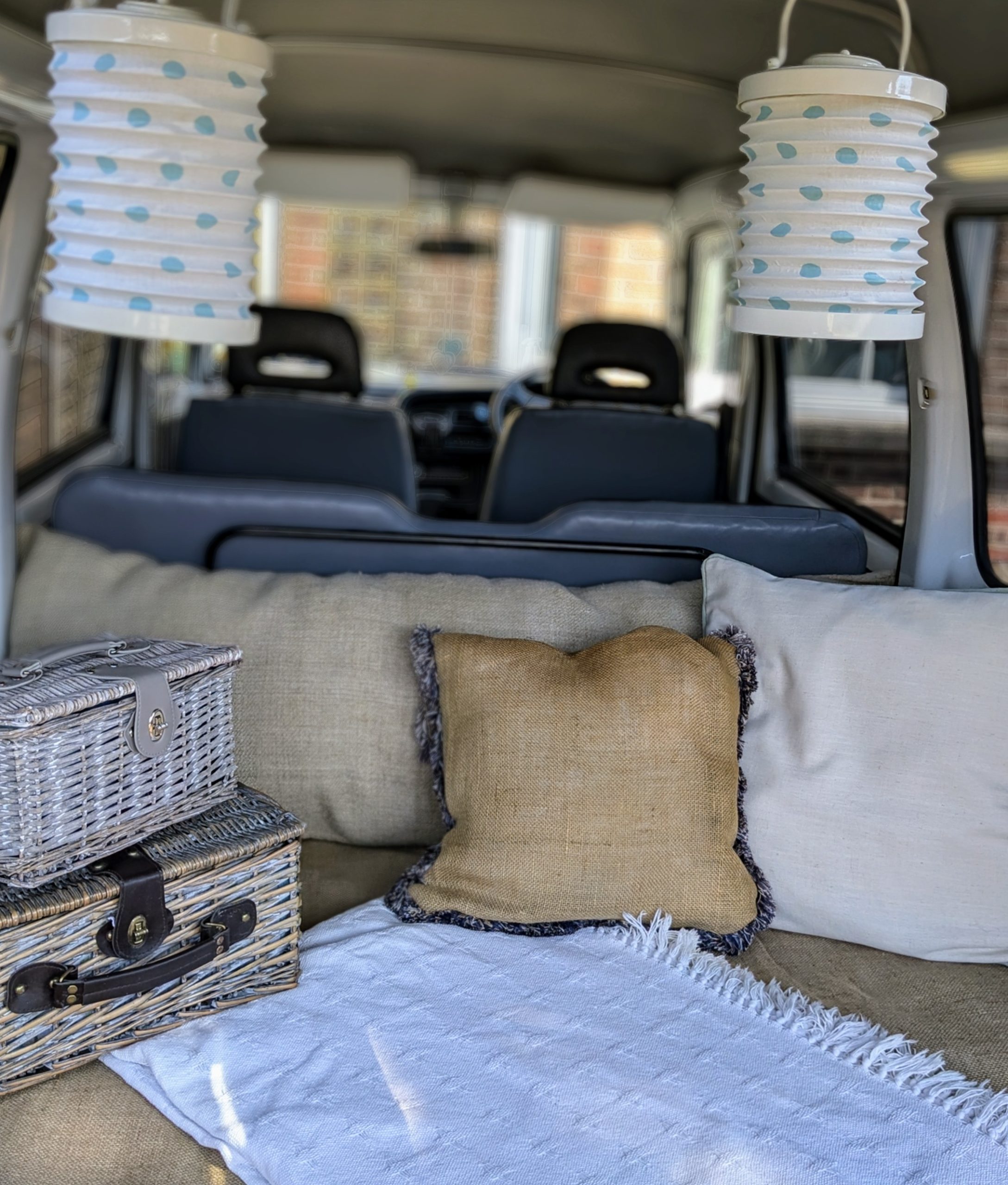 Inside of Ethel - our miniature campervan - set up for picnic